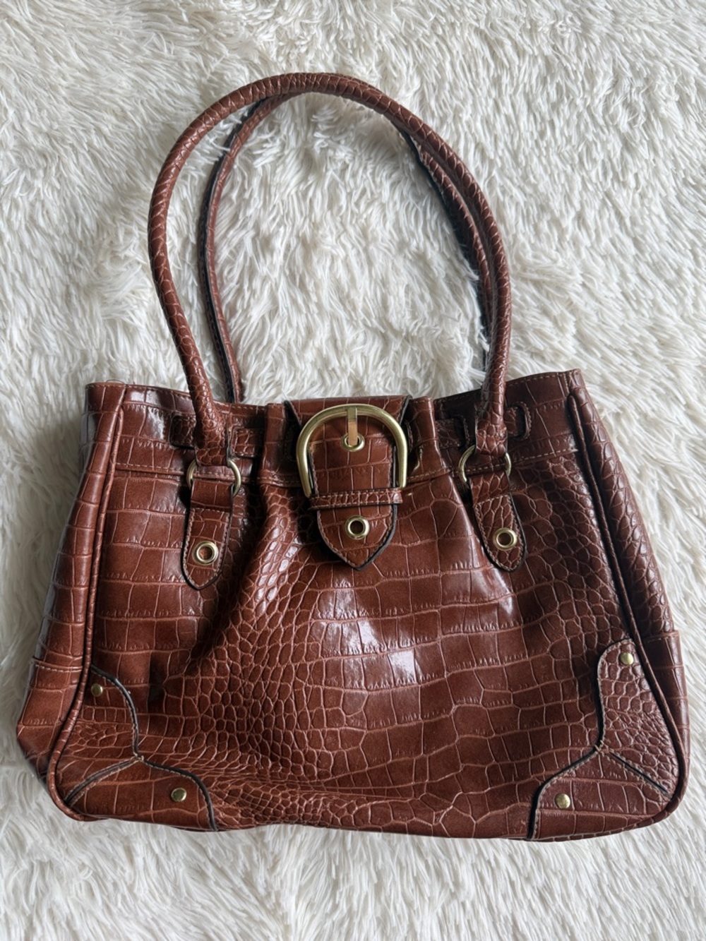 Croc-Embossed Brown Shoulder Tote with Gold Buckle